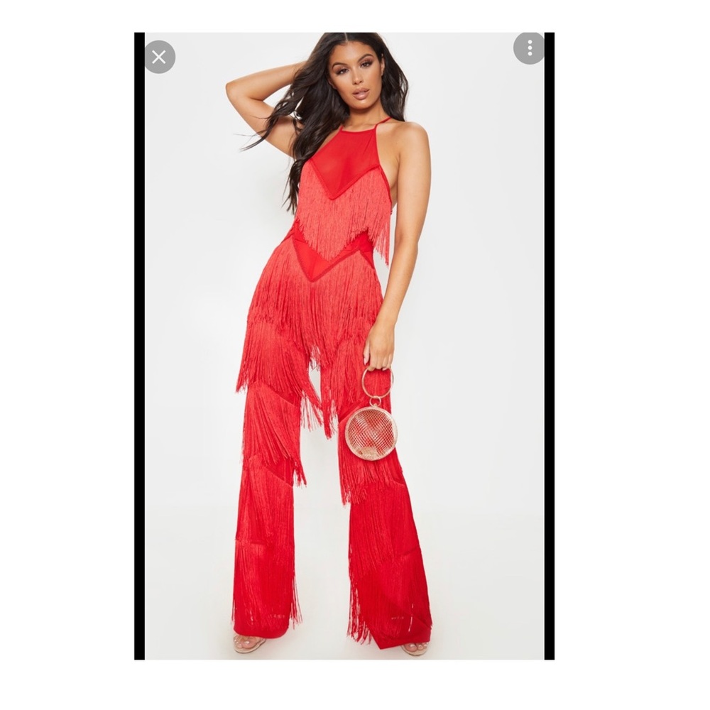 Red fringe jumpsuit with mesh chest